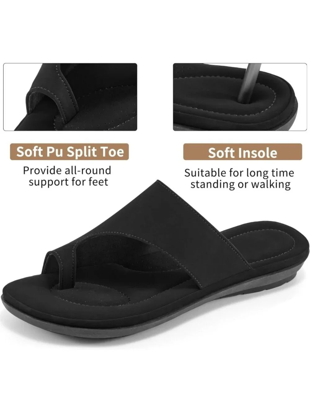 Women's All Black Flat Sandals Comfortable Walking Dressy Slides Casual Shoes